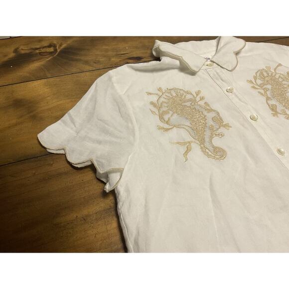 Allison New York Ivory Scalloped Embroidered Seahorse Top Small - Picture 5 of 11